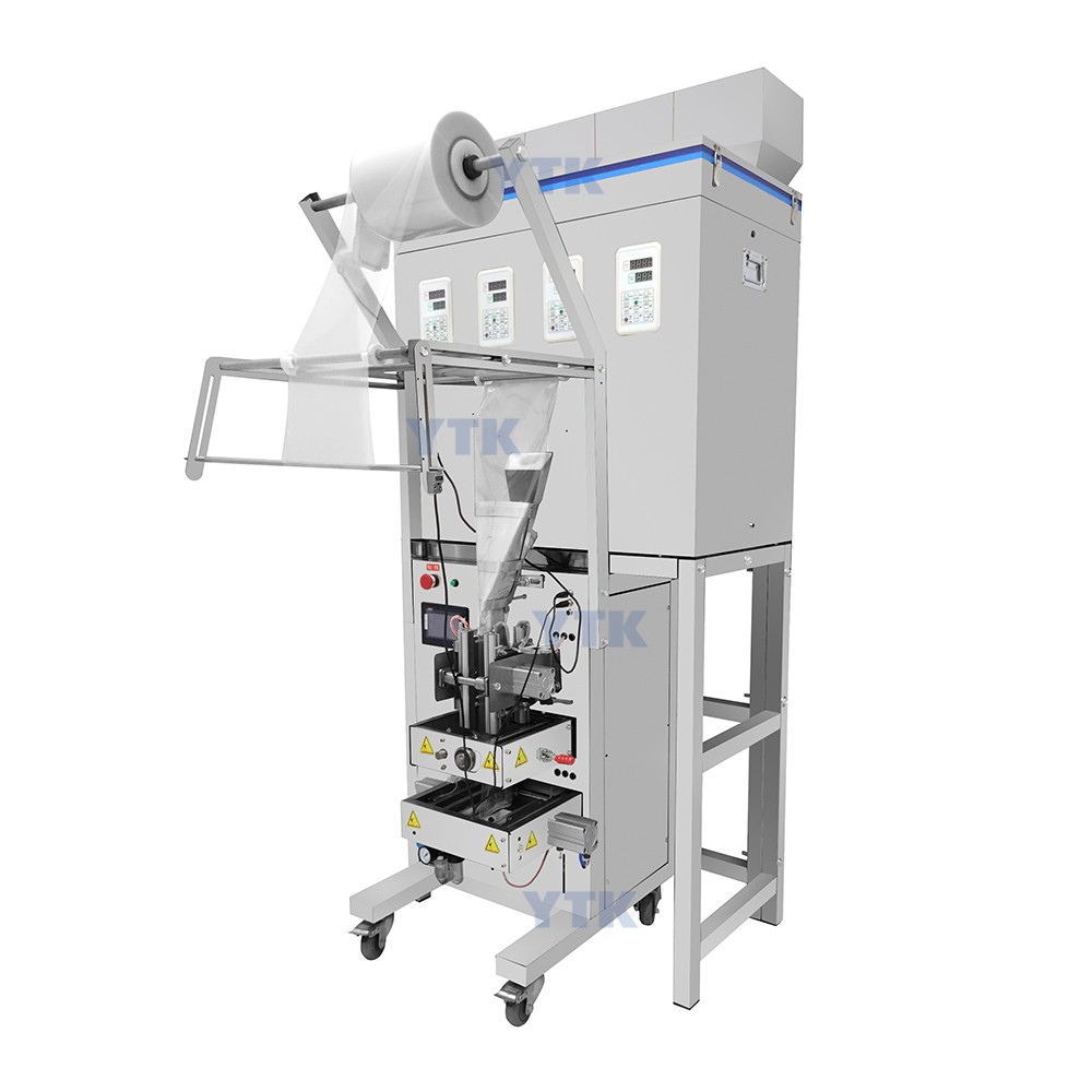  High Speed Four Heads Bag Packing Machine with 4 Cylinders and Motor for Accelerating the Film Transport PLC Touch